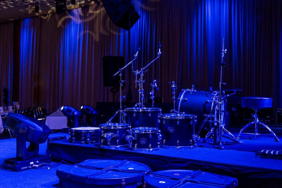 rigged with drums and microphones for playing in the Oceanen