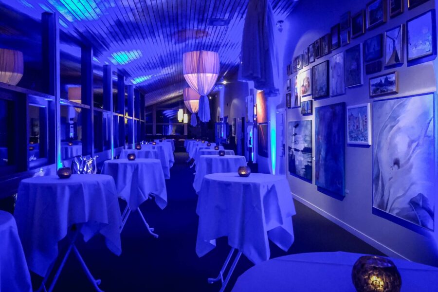 table setting with round standing tables in the seaway